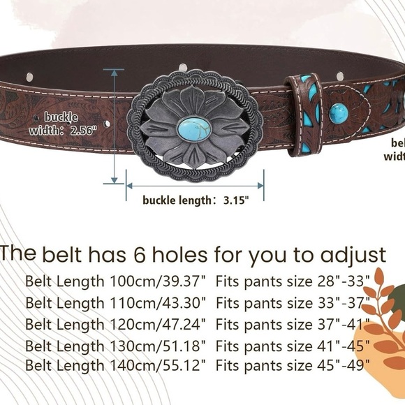 Western Belt Retro Style faux Turquoise Belt Ladies Cowgirl Concho Leather Belt - Picture 5 of 5